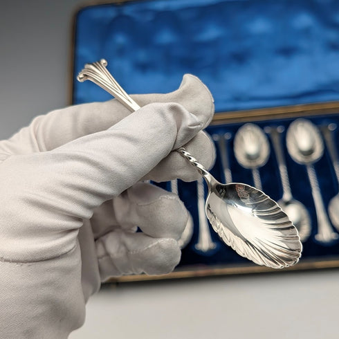 1894年 英国アンティーク 純銀製ティースプーン12本セット 計118g ケース入 Goldsmiths&Silversmiths